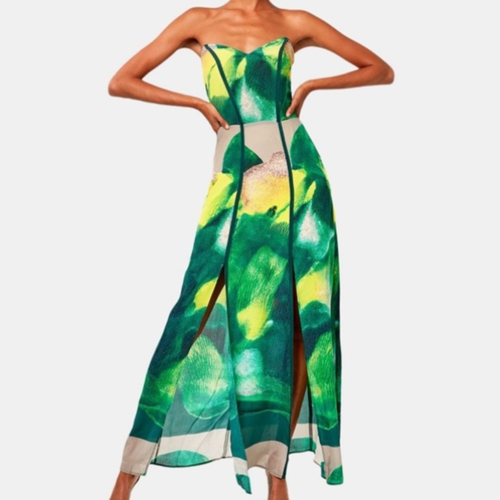 Strapless Green Abstract Print Maxi Dress